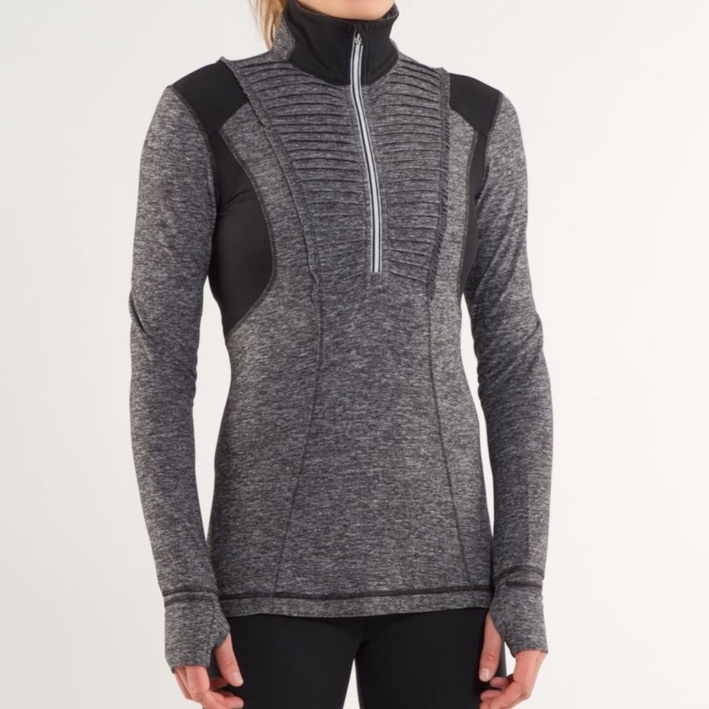 Lululemon‎ Run Your Heart Out Pullover Heathered Black Gray Thumb Holes